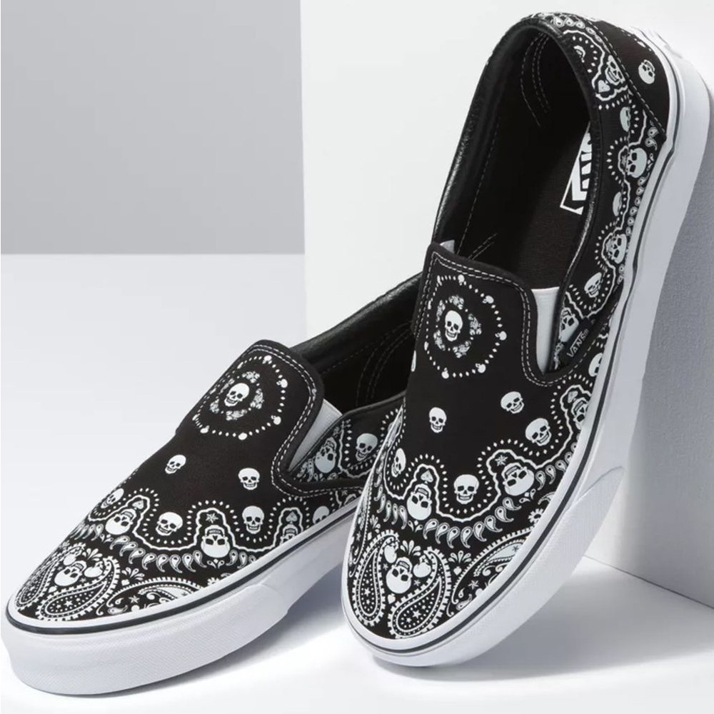 Vans Women's Black and White Skull Slip-On Sneakers